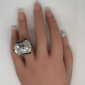 Statement Bling Black/Gunmetal Oversized Marquise Clear Crystal Edgy Ring